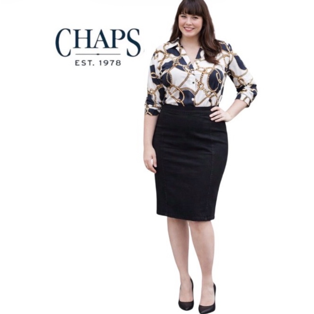 3X CHAPS Black Cotton Denim Pencil Skirt with Stretch